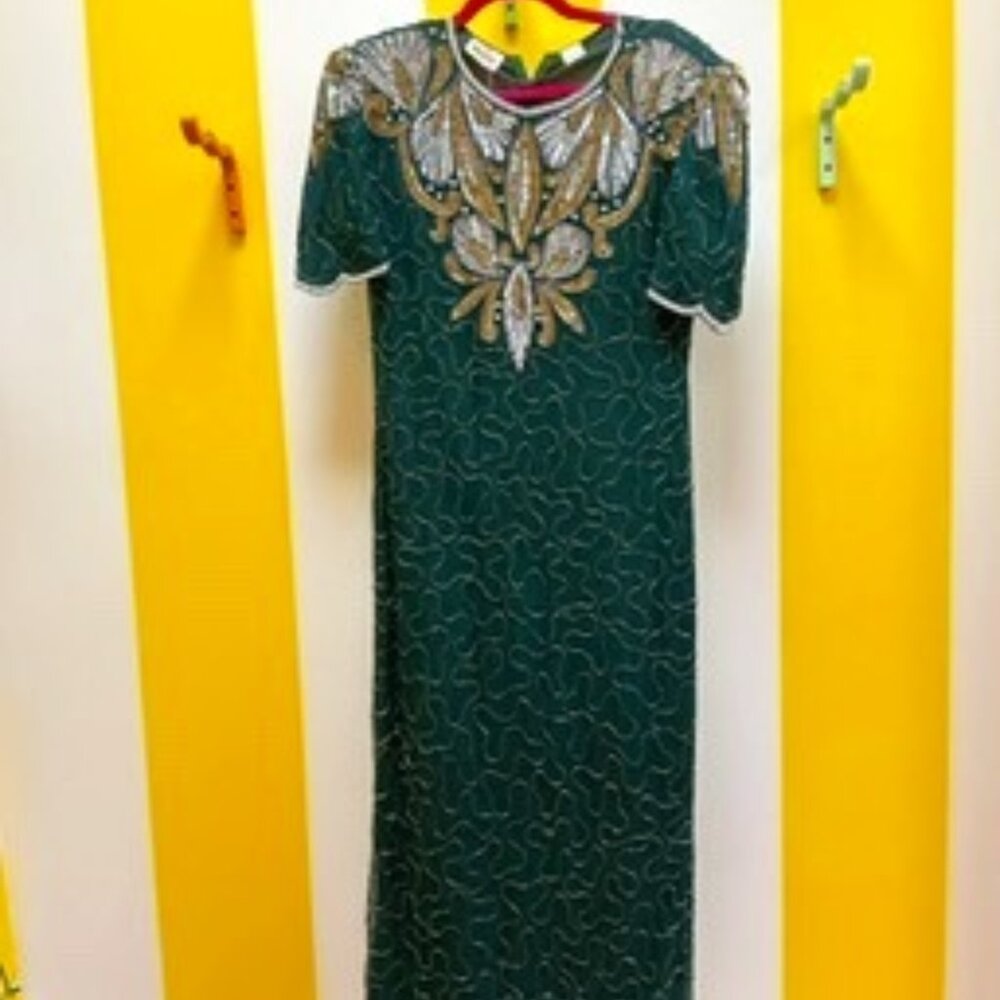 Vintage Denise Elle Emerald Green Dress w/Gold and White Beaded Gown Size L
